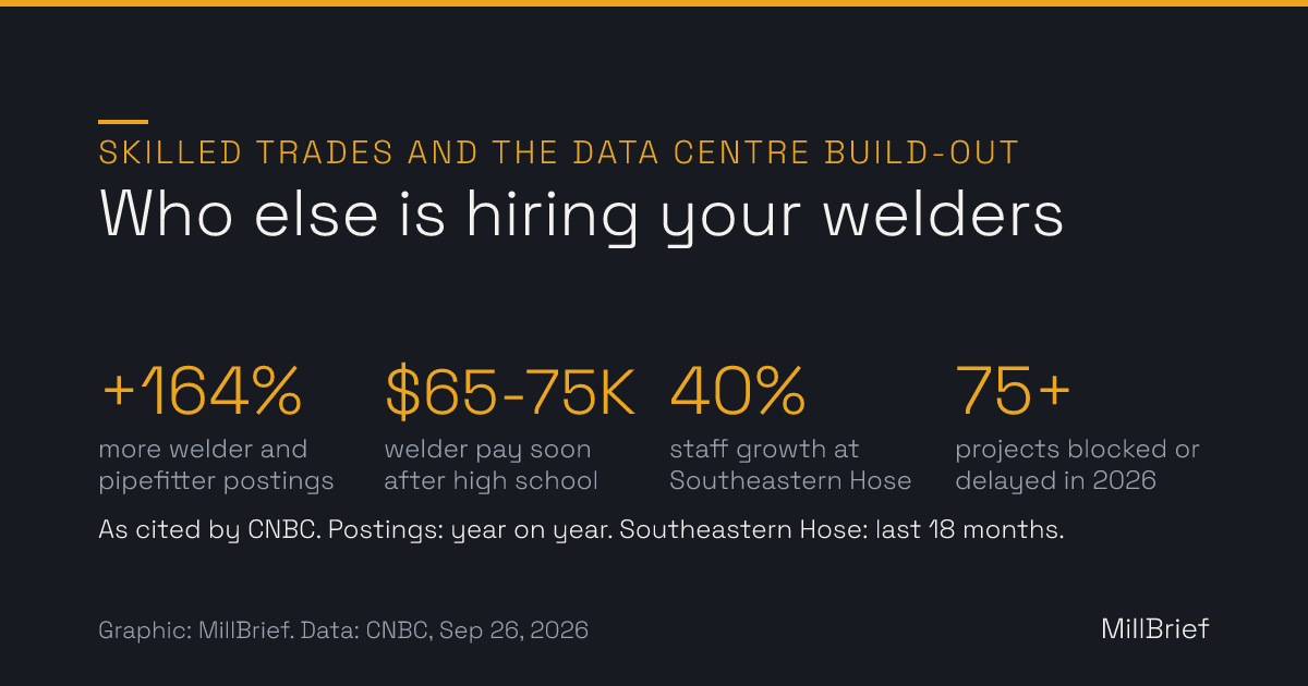 Stat card: skilled trades and the data centre build-out. Welder and pipefitter postings up 164% year over year (ZipRecruiter), welder pay of $65,000 to $75,000 soon after high school, 40% workforce growth at Southeastern Hose in 18 months, at least 75 data centre projects blocked or delayed this year (Data Center Watch).